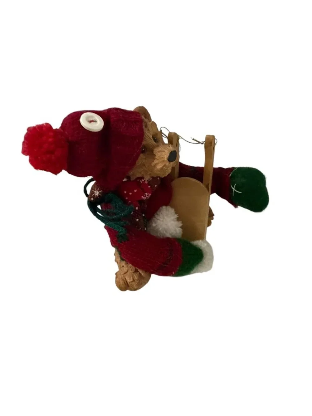 Vintage Christmas Teddy Bear Figure with Wooden Sled Resin Bear in Knit Sweater